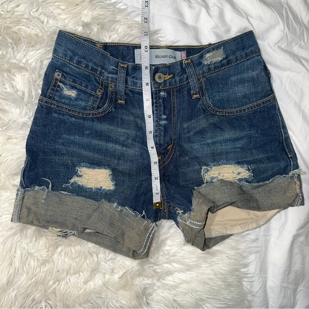 Levi’s | Distressed Ripped Denim Cutoff Shorts Dark Wash Cuffed Hem DIY Size 24